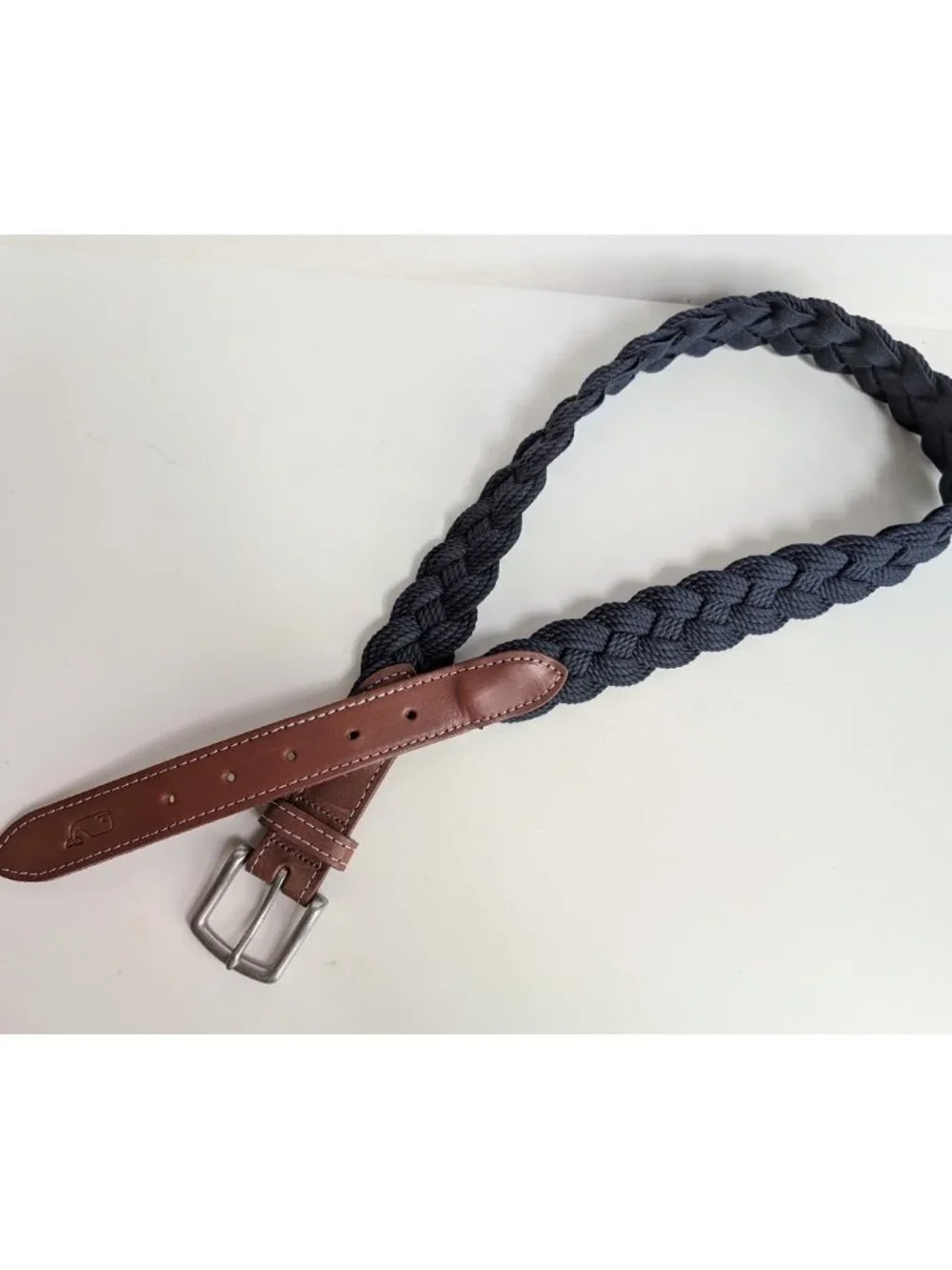 Vineyard Vines Mens Leather & Braided Rope Club Belt Navy Color Size:34 NWOT